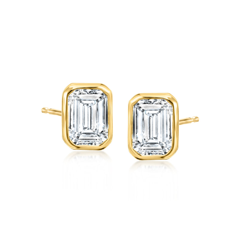 14kt yellow gold emerald-cut lab diamond stud earrings, bezel-set rectangle, post back