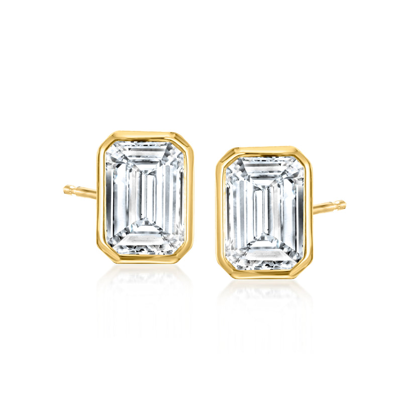 14kt yellow gold emerald-cut lab-grown diamond stud earrings, square bezel