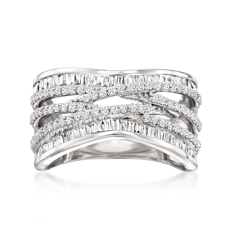 Sterling silver diamond highway ring with multi-row round and baguette stones