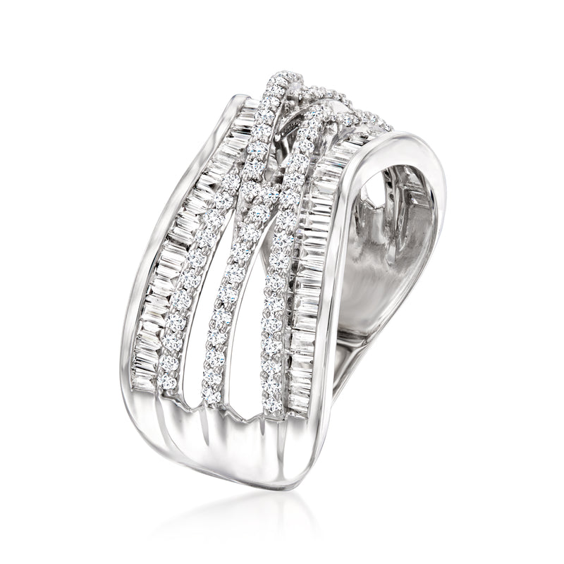 Sterling silver diamond highway ring, side view with baguette and round diamond rows