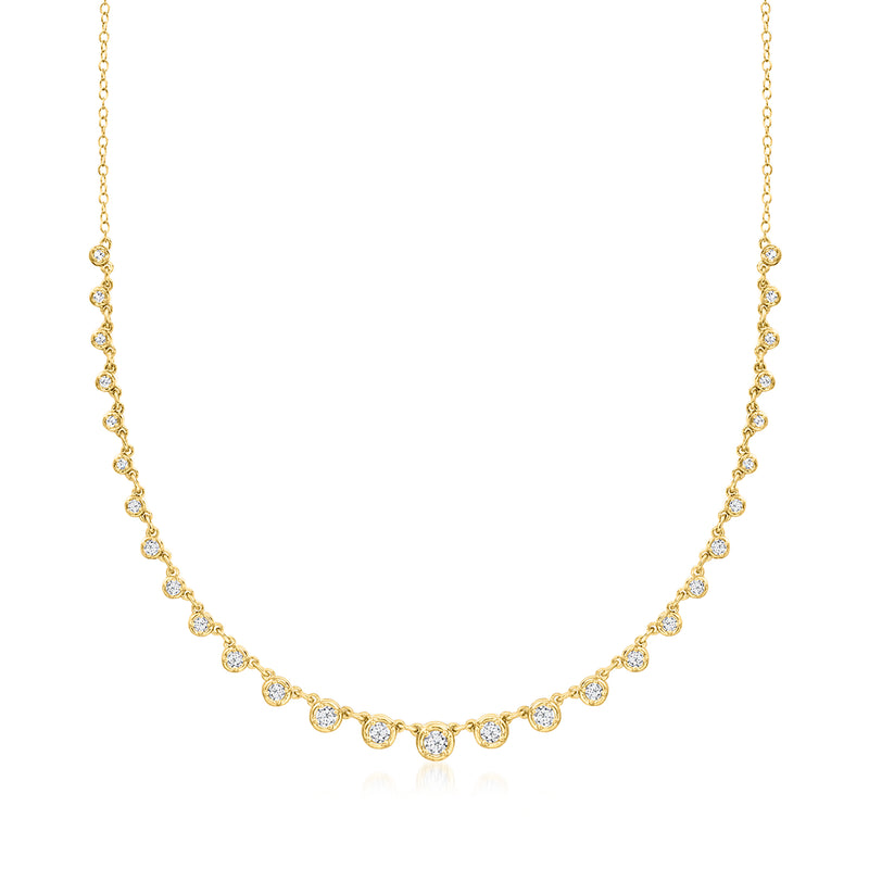 Graduated bezel-set diamond tennis necklace with oval stones, 18kt gold over sterling