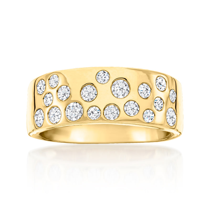 Gold diamond ring with scattered round stones across a wide band