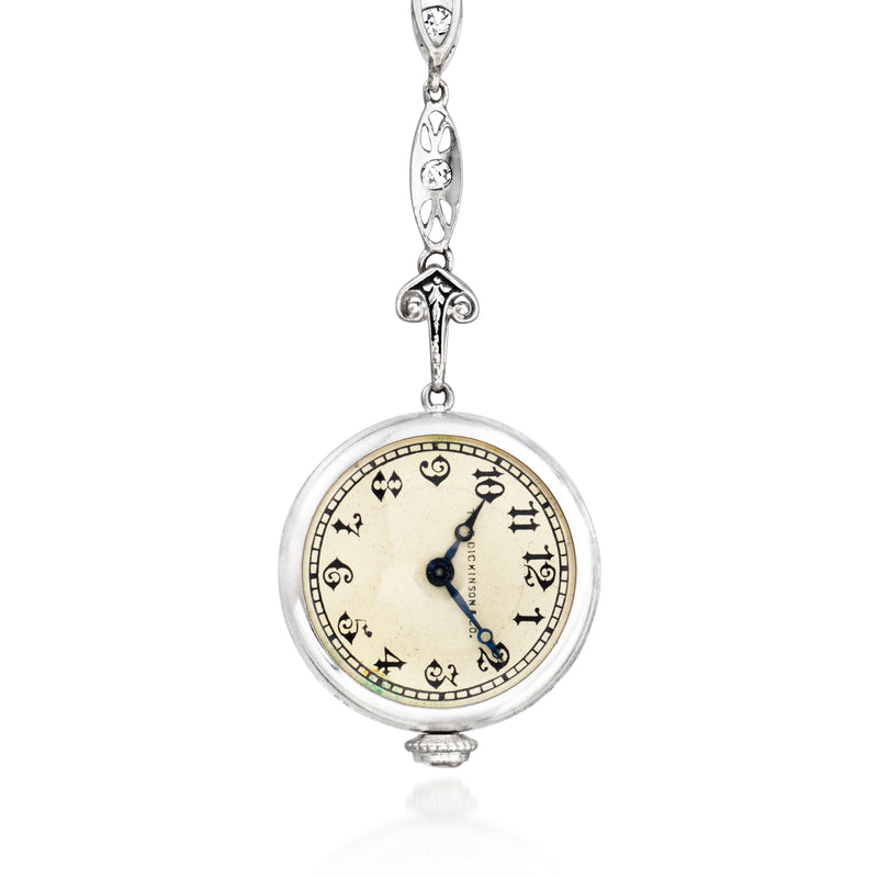 Platinum diamond watch fob pin with round pocket-watch face and decorative link chain