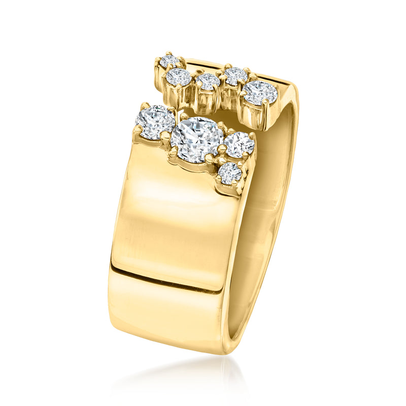 Gold over sterling open-space ring with round lab diamond cluster, angled view