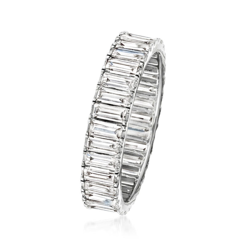 Side view of 14kt white gold baguette diamond eternity band with prong set stones