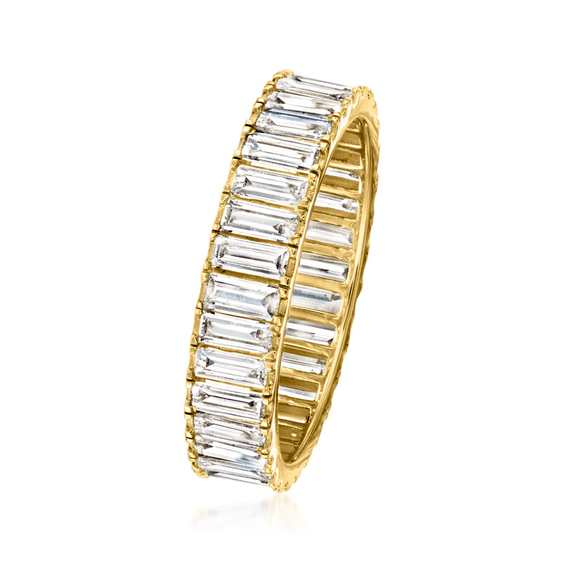 Baguette diamond eternity band side view with yellow gold channel settings