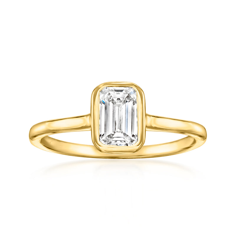 14kt yellow gold ring with square emerald-cut lab diamond center, open shank