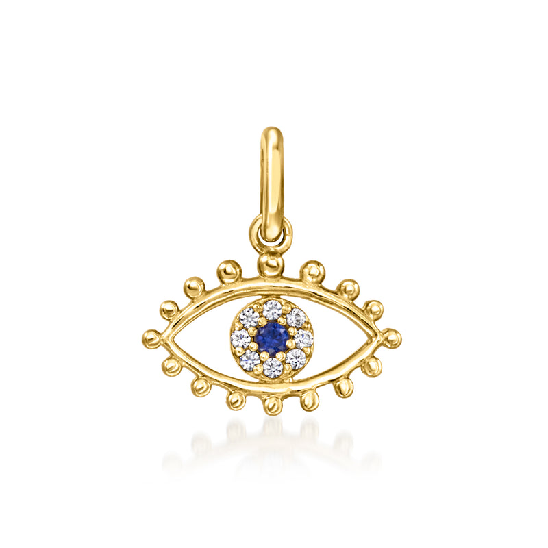 14kt yellow gold evil eye charm with blue center and lab-grown diamond accents