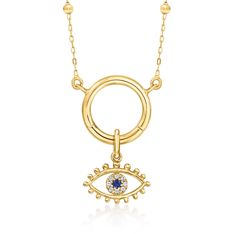 14kt yellow gold evil eye charm pendant with dangling chain, blue enamel and diamond halo