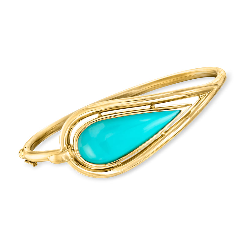 Vintage yellow gold bangle with turquoise oval cabochon and slim cage frame
