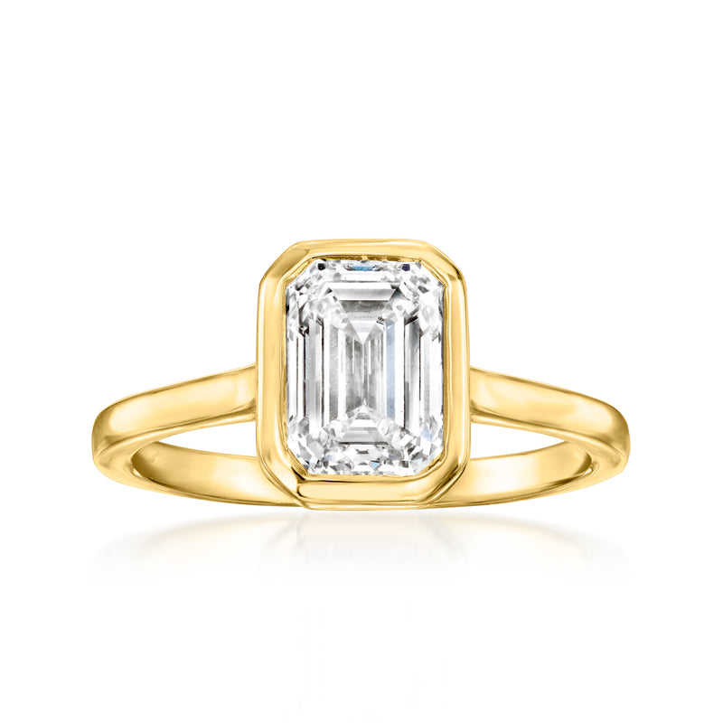 14kt yellow gold emerald-cut diamond ring with bezel-set square stone