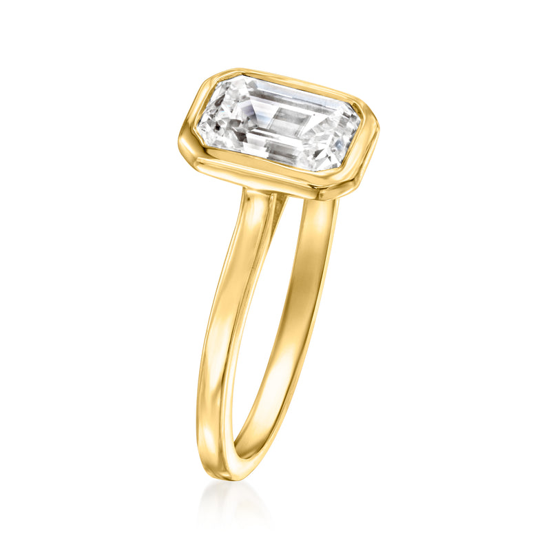 14kt yellow gold emerald-cut diamond ring side view with raised bezel setting