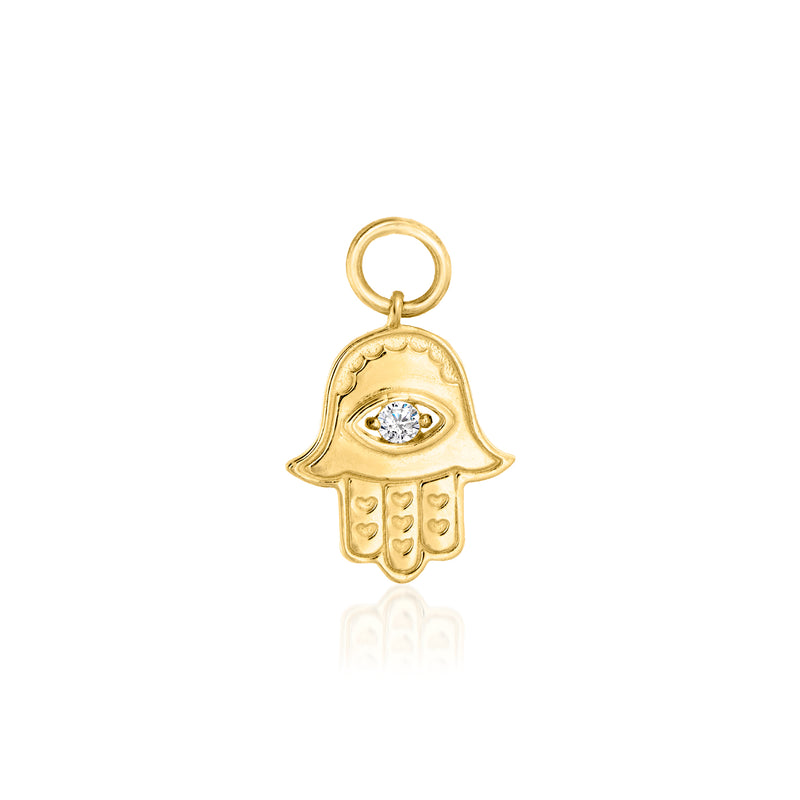 14kt yellow gold hamsa hoop charm with a small diamond eye