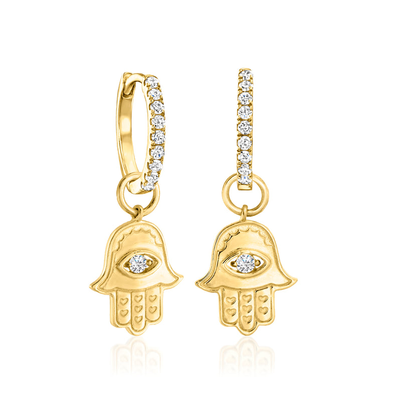 14kt yellow gold diamond Hamsa hoop charms, pair