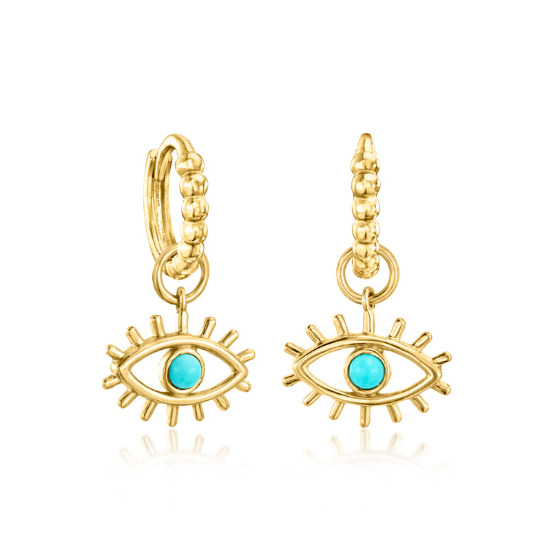 14kt yellow gold evil eye hoop charm pair with turquoise enamel, front view