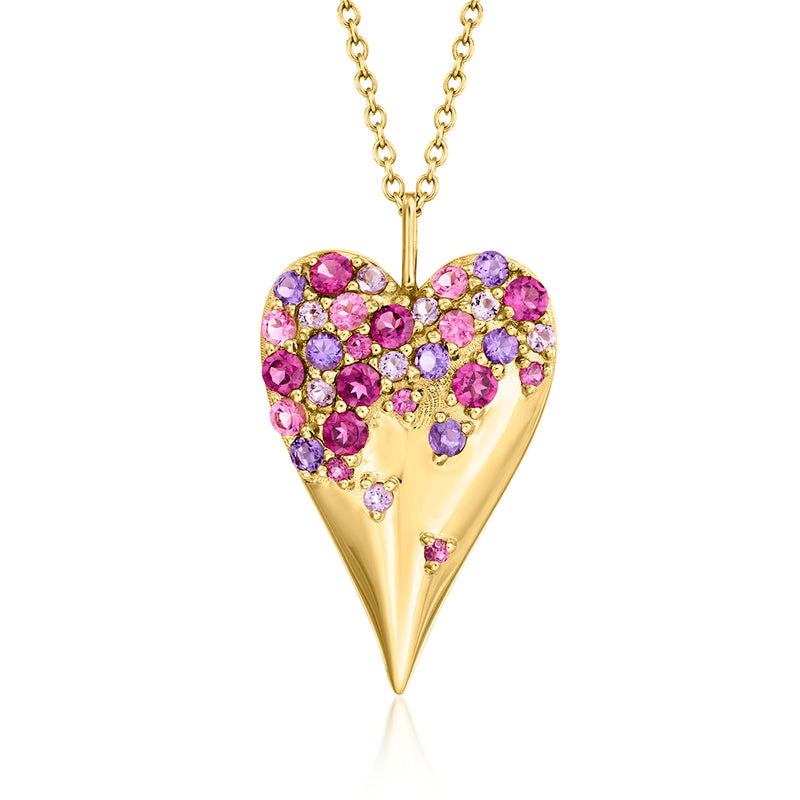Heart pendant necklace with gold-tone setting and pink and purple gemstone pave
