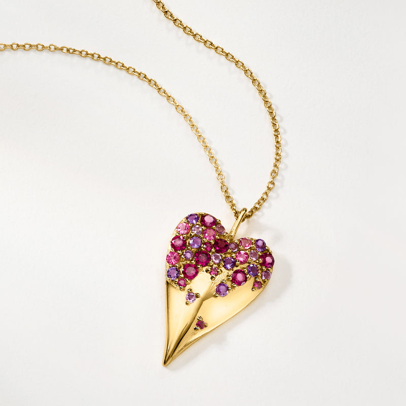 Heart pendant necklace with multicolor gemstone pave in gold over sterling