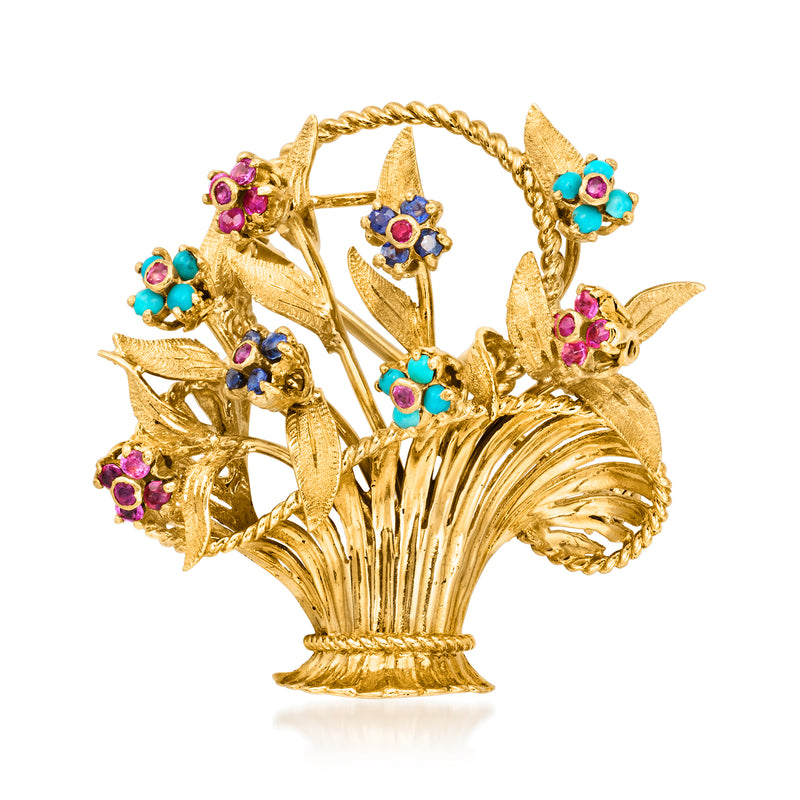 Vintage flower basket pin in gold-tone with pink, blue, and turquoise gemstones