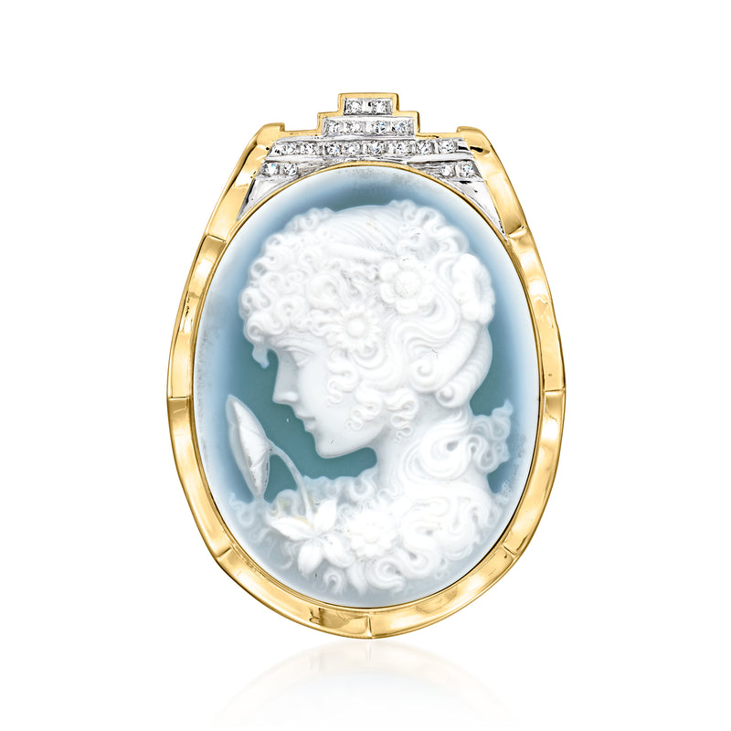 Oval cameo pendant with blue background, white profile, gold frame and diamond accents