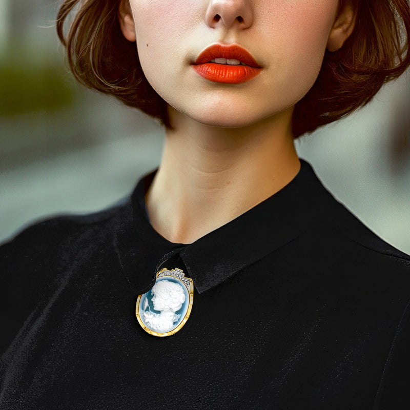 Oval cameo pendant with white profile relief, blue background, gold mount at neckline