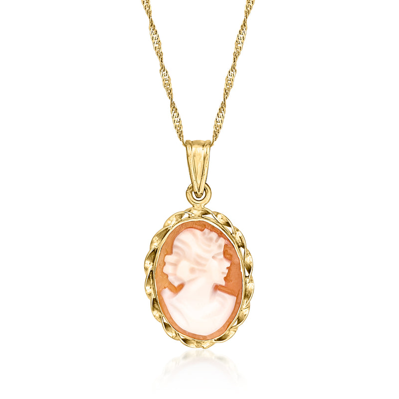 14kt yellow gold cameo pendant necklace with orange shell oval cameo