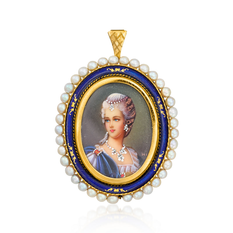 Oval enamel portrait pendant pin in 18kt yellow gold with pearl border and blue frame