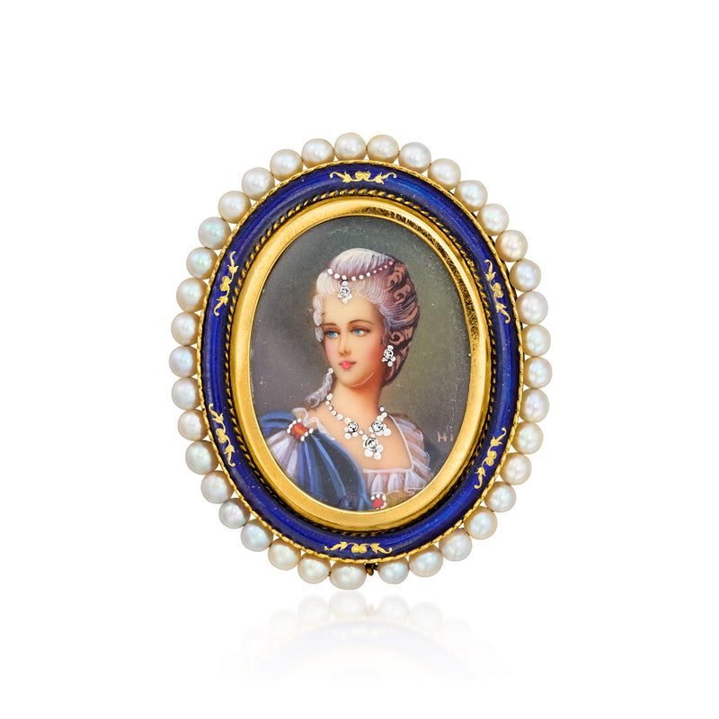 Enamel portrait pin/pendant with blue oval enamel border, gold edge, and pearl surround