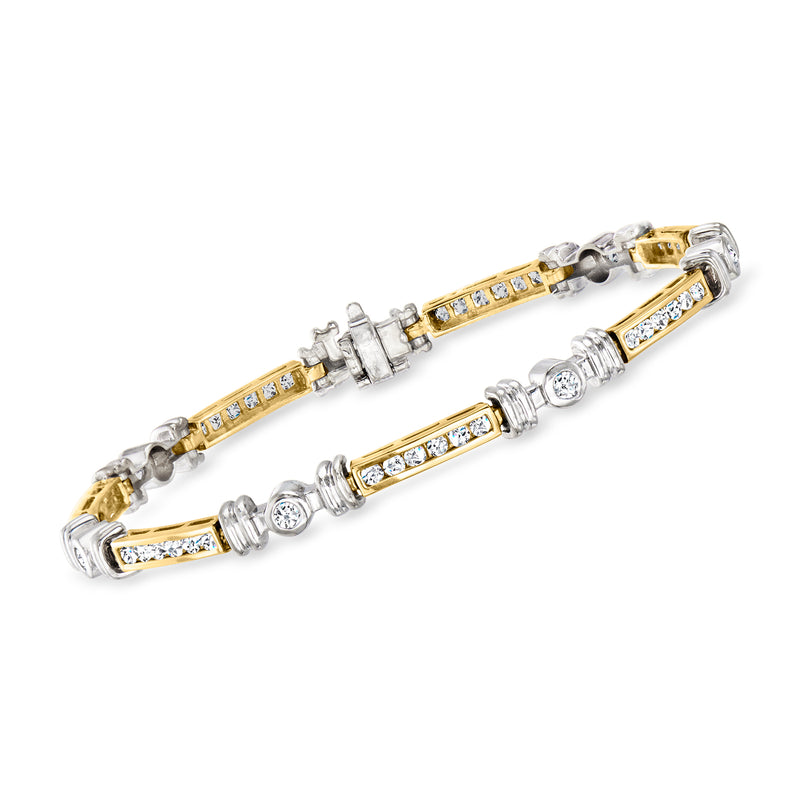 Two-tone 14kt gold diamond link bracelet with alternating rectangular pave links