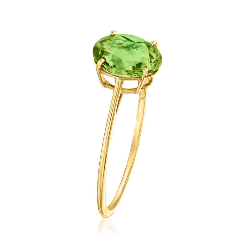 14kt yellow gold ring with oval green tourmaline, side view, four prongs