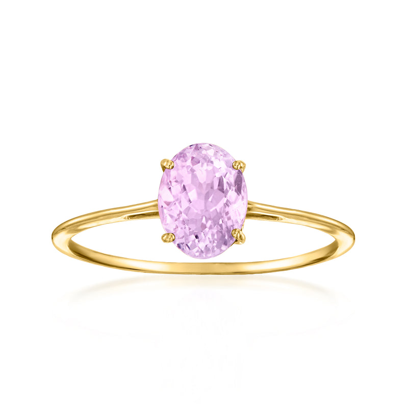 14kt yellow gold kunzite ring with oval pink gemstone and four-prong setting