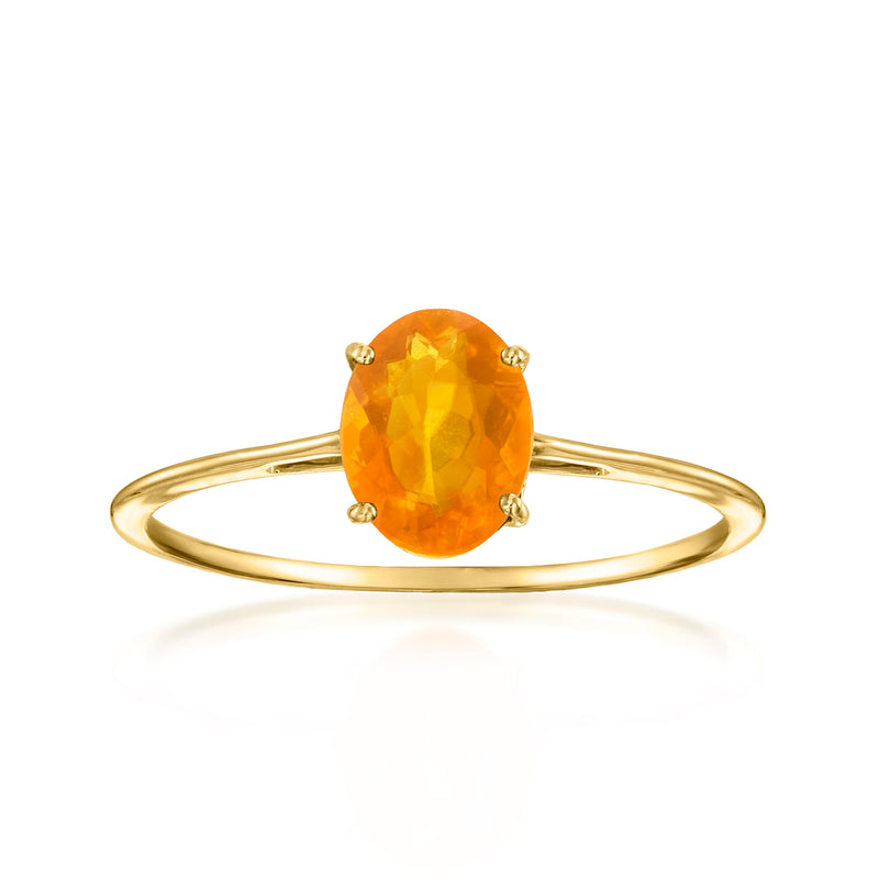 14kt yellow gold oval fire opal ring, four-prong setting, orange gemstone