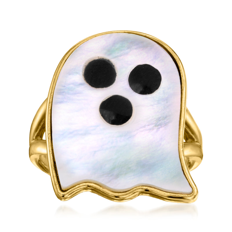 Gold-tone ghost ring with mother-of-pearl face and black enamel eyes
