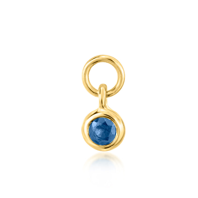 14kt yellow gold hoop charm with round bezel-set sapphire blue stone