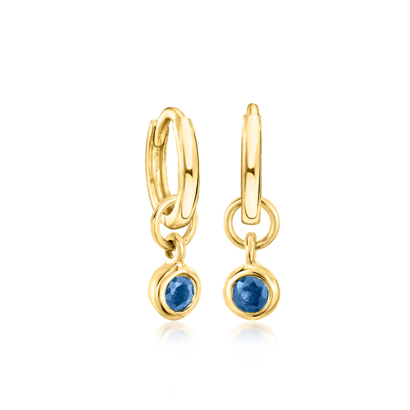 14kt yellow gold hoop charm earrings with round blue bezel-set sapphire stones