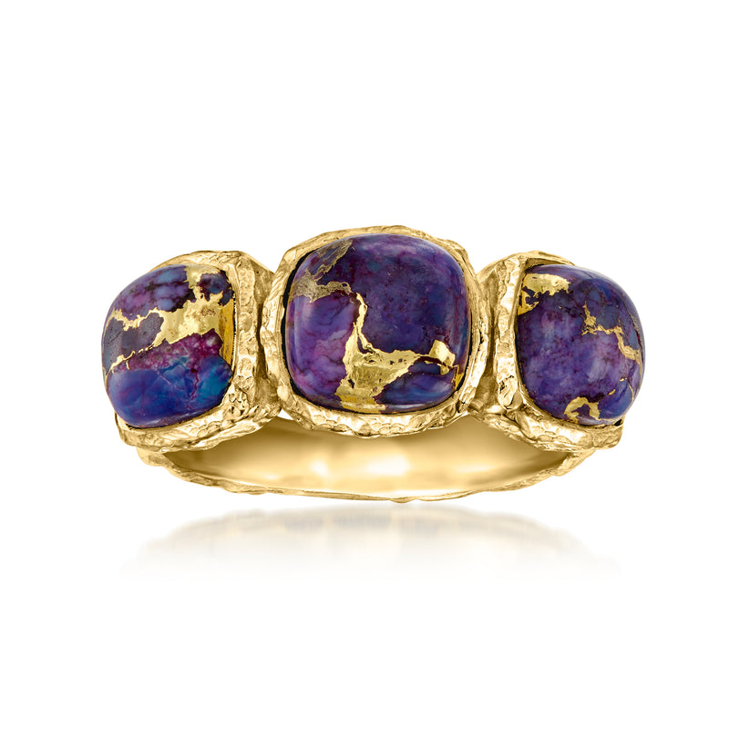 Three-stone bezel ring with purple turquoise ovals in gold over sterling