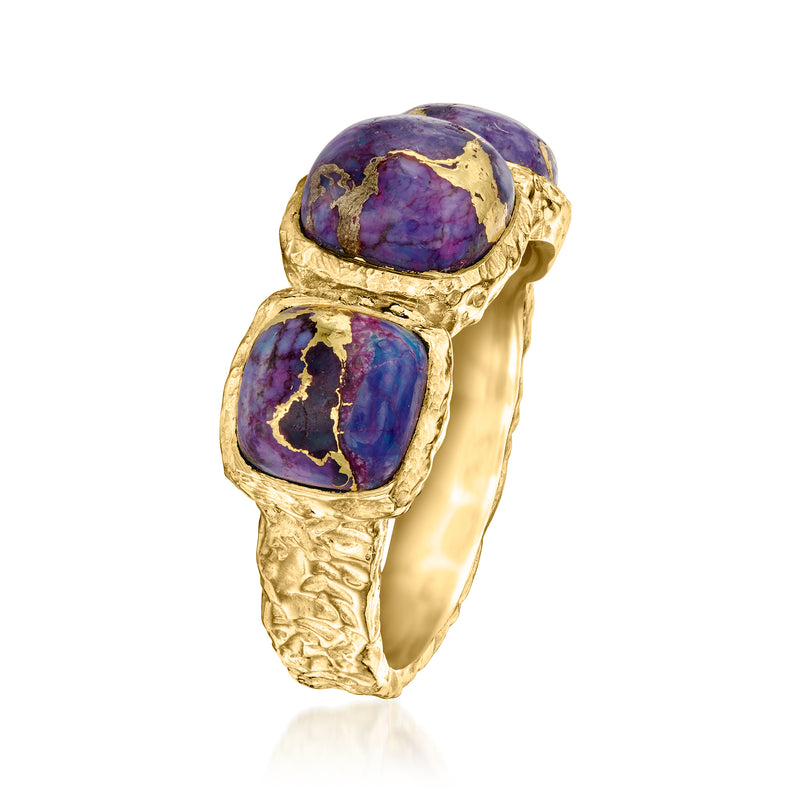 Three-stone bezel ring, stacked purple turquoise ovals, gold over sterling band