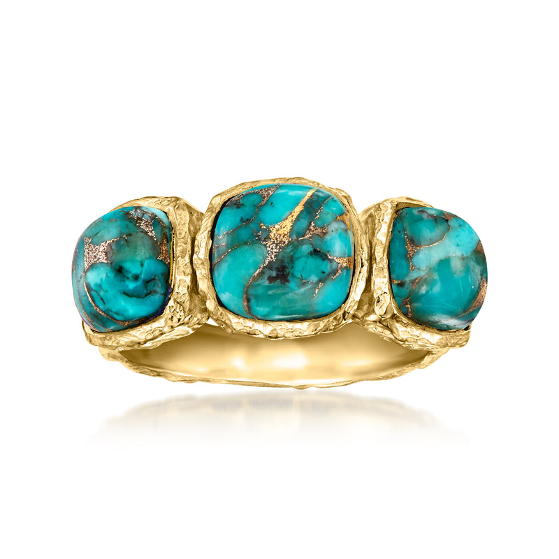 Three-stone turquoise ring in gold tone setting with bezel-cut oval stones