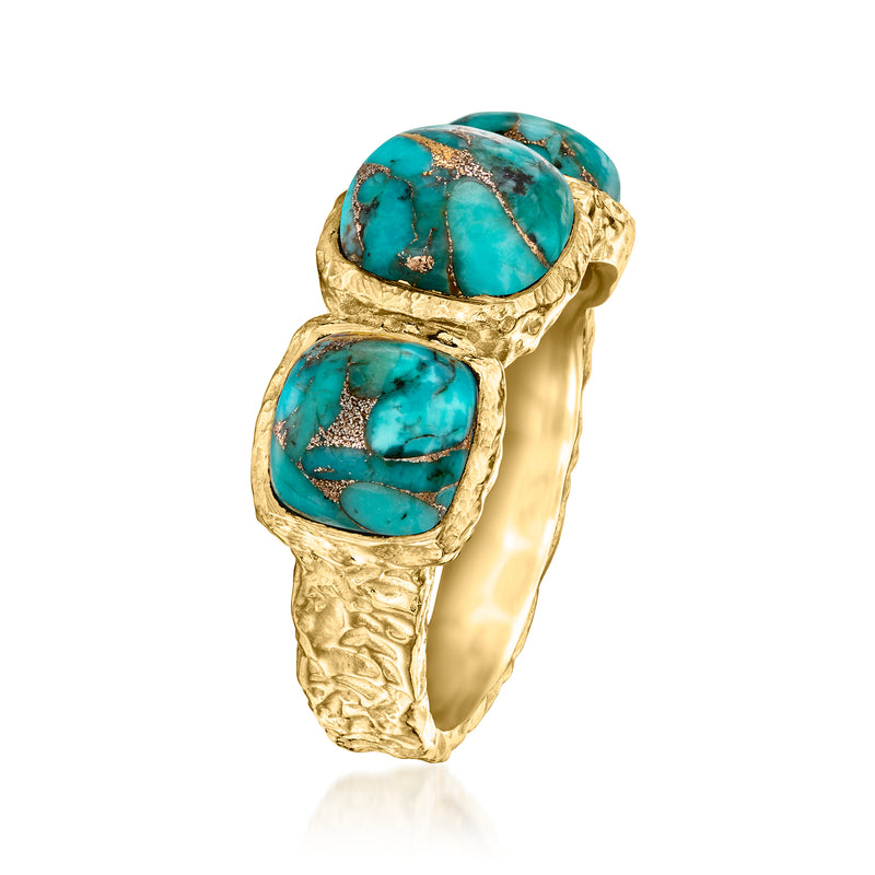Turquoise three-stone bezel ring in gold tone, oval stones set across band