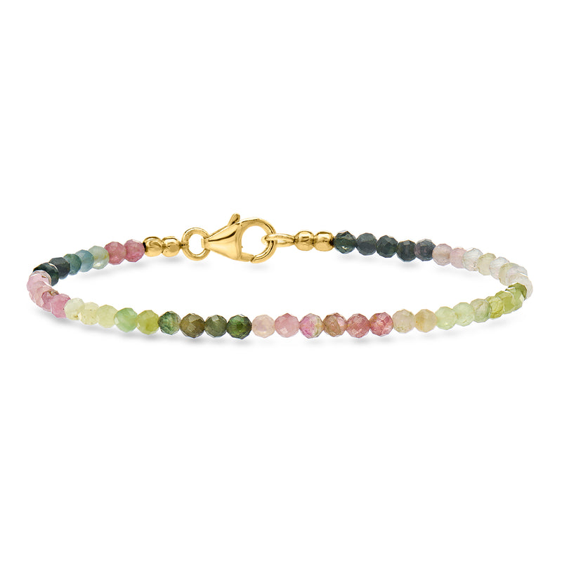 Multicolored tourmaline bead bracelet with gold over sterling clasp and chain links