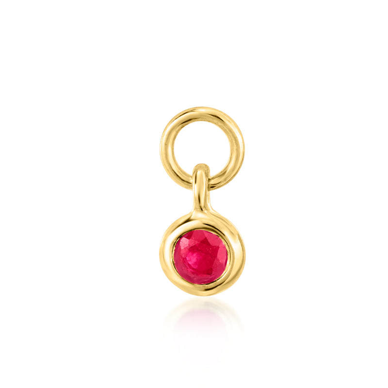 14kt yellow gold ruby bezel hoop charm with red gemstone drop