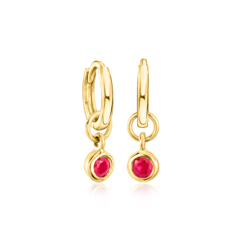 14kt yellow gold ruby bezel hoop charm earrings, side view, red gemstone drops