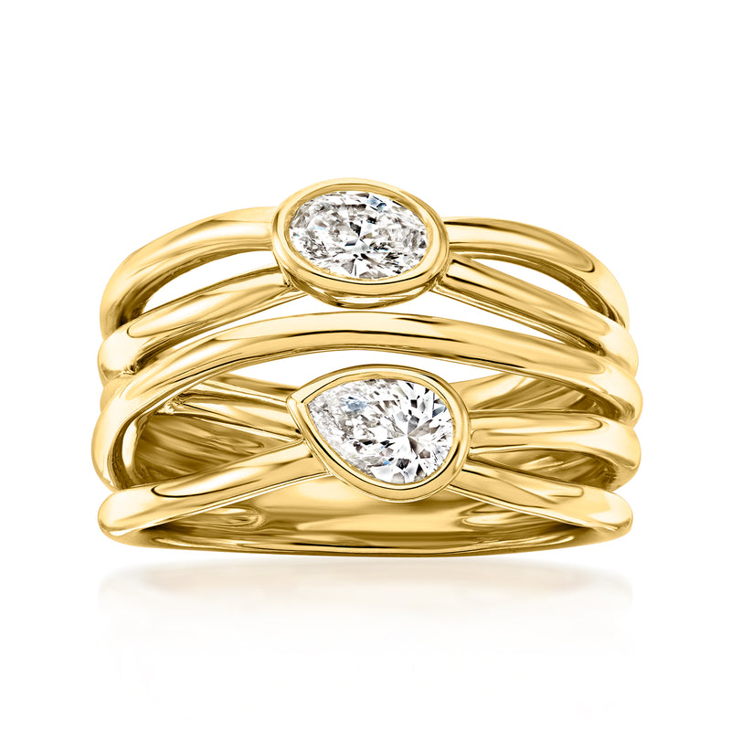 Gold multi-row ring with two bezel-set lab-grown diamonds, polished band