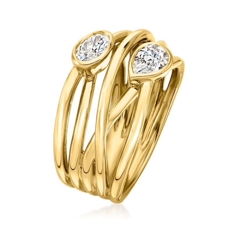 Gold multi-row band ring with two round bezel-set diamonds, side view