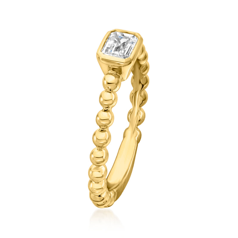 18kt gold over sterling ring with faceted emerald-cut stone and beaded shank