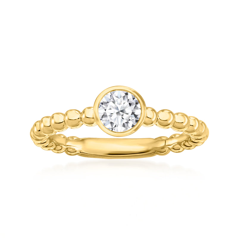 Gold beaded ring with round lab-grown diamond center, 18kt gold over sterling