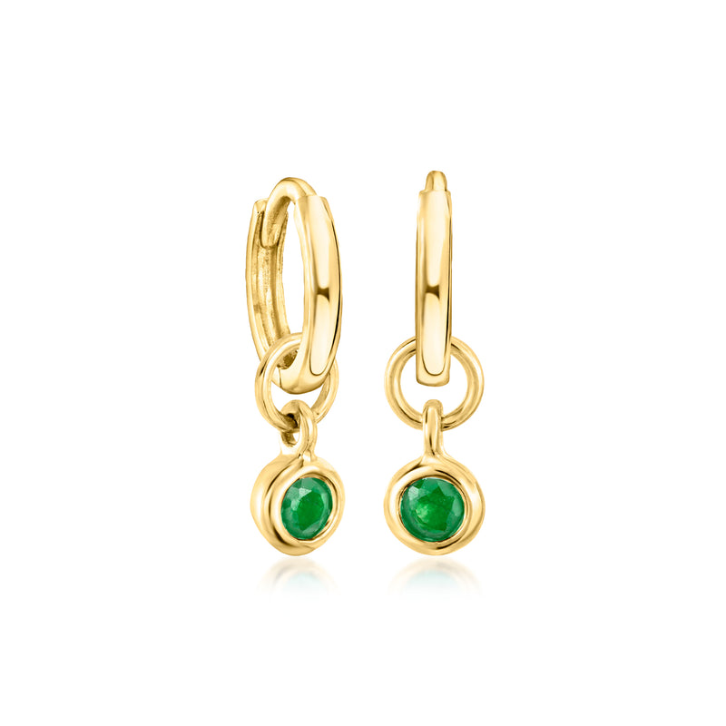 14kt yellow gold hoop charm earrings with green bezel-set emerald stones, side view