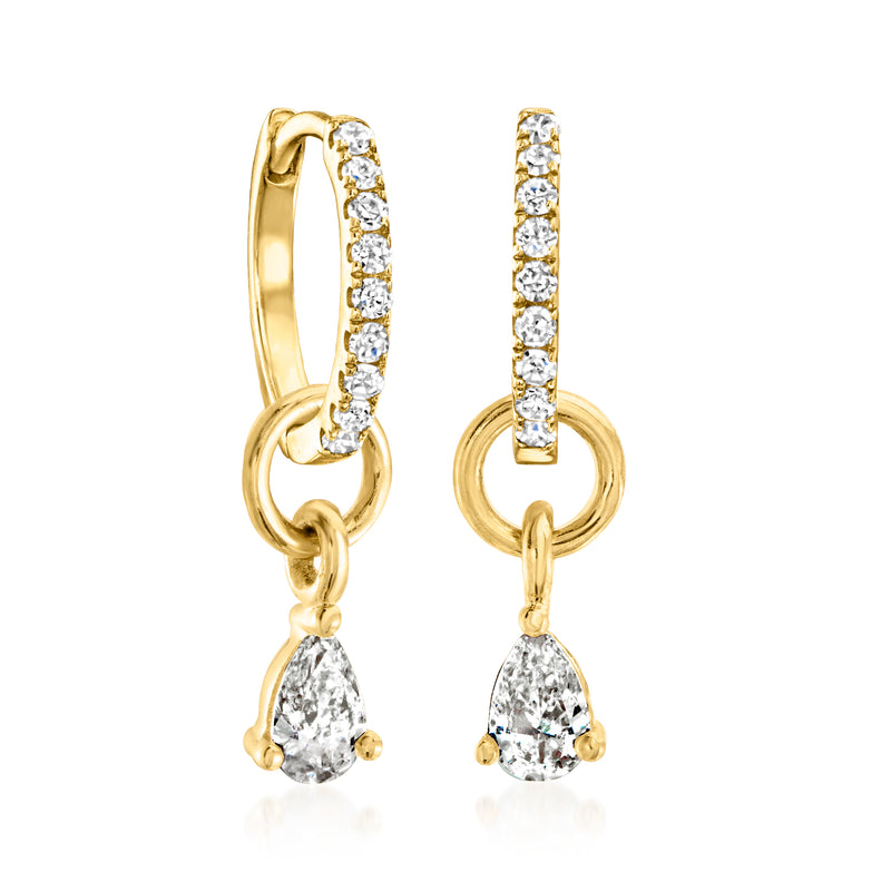 Pear-shaped diamond hoop charms in 14kt yellow gold, pair with dangling pear diamonds