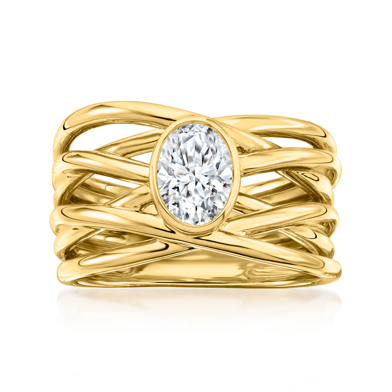 Gold bezel-set diamond multi-row ring with round center stone