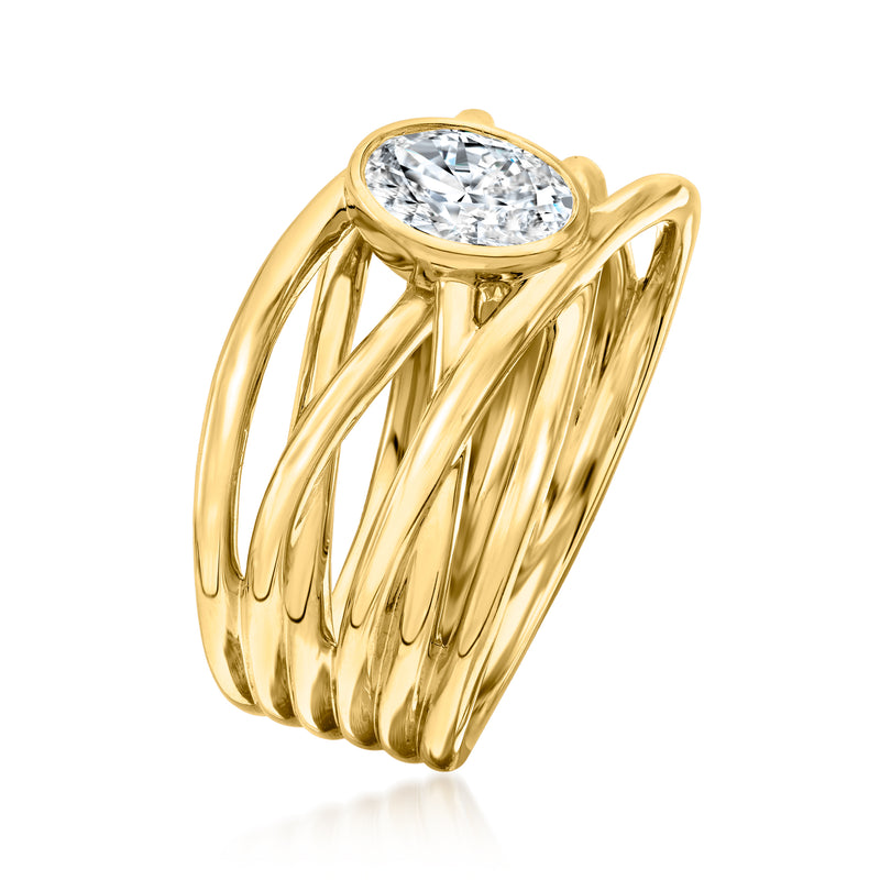 Gold multi-row ring with round bezel-set diamond center and curved shank