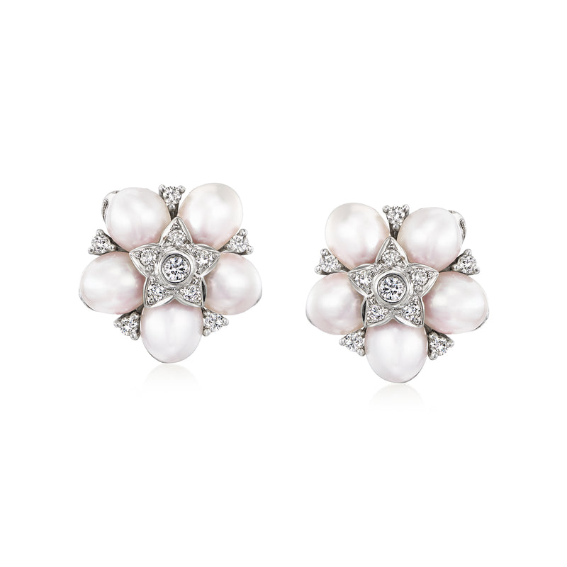 Vintage cultured pearl flower stud earrings with diamond accents in white gold